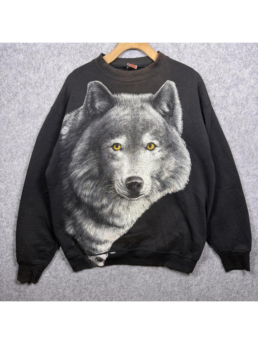 Vintage 90s Big Wolf Face Wildlife Nature Graphic Sweatshirt Black L